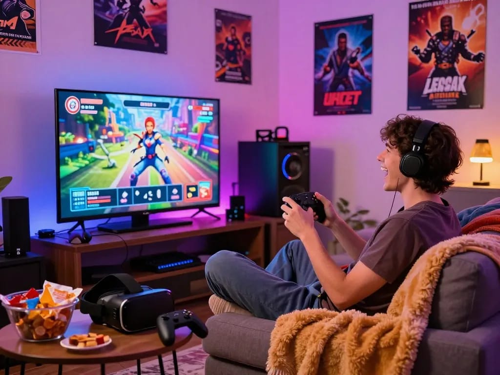 Enjoying a sex game online in a vibrant gaming setup with controllers and ambiance.