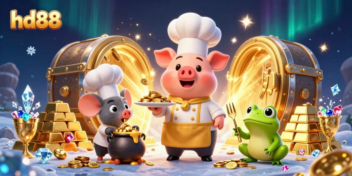 Win big at hd88 with a 3D cartoon illustration of a chef pig serving gold coins in a vibrant casino scene.