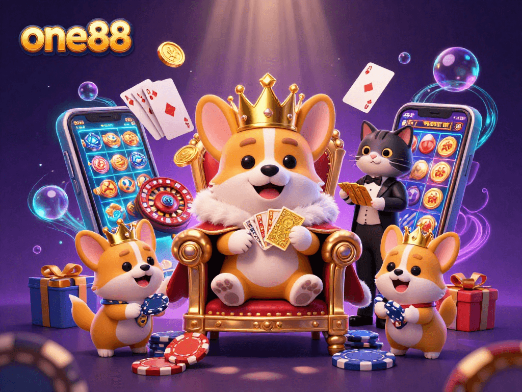 Win big with one88 in this vibrant casino scene featuring playful characters, slot games, and dynamic elements.