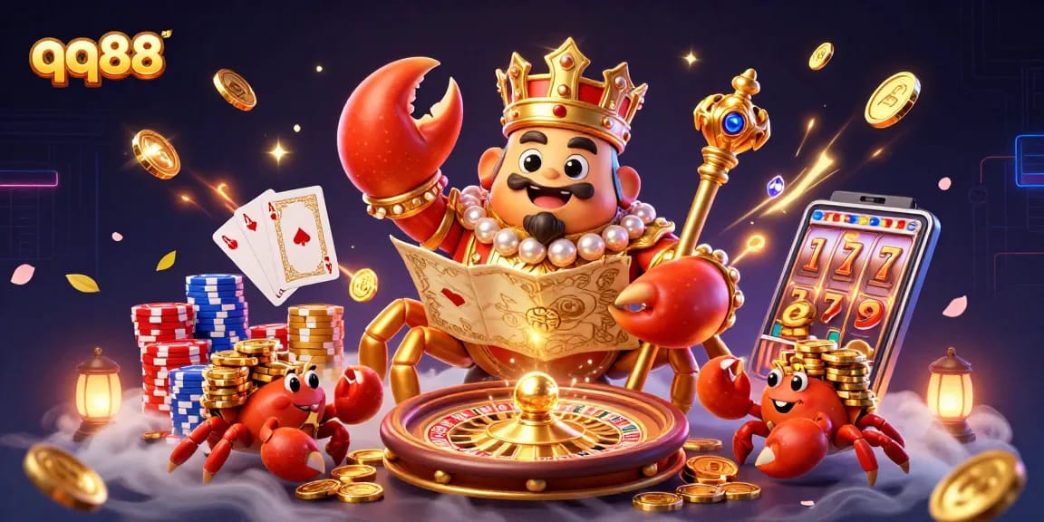 Experience qq88's vibrant gaming world with an energetic golden crab emperor and dynamic casino elements.