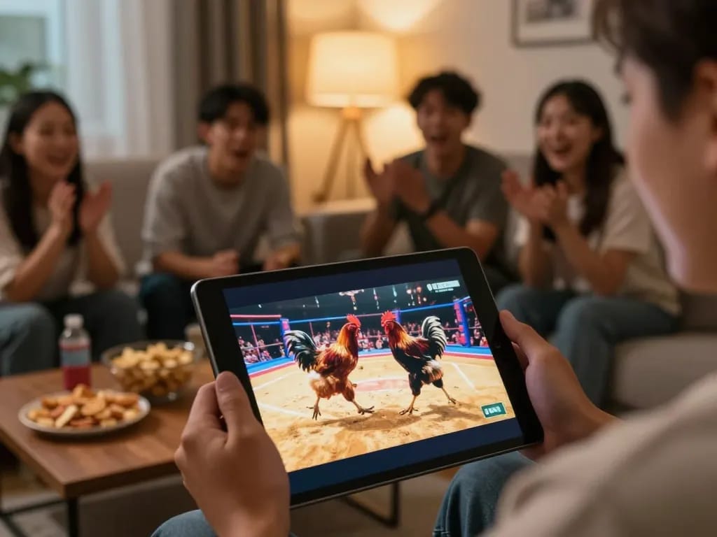 Xem đá gà Thomo trực tiếp đang diễn ra trên máy tính bảng với những người bạn thưởng thức trận đấu trong không gian ấm cúng.