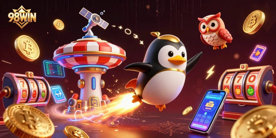 Join the adventure with 98WIN as the golden penguin blasts through space to a poker chip casino.