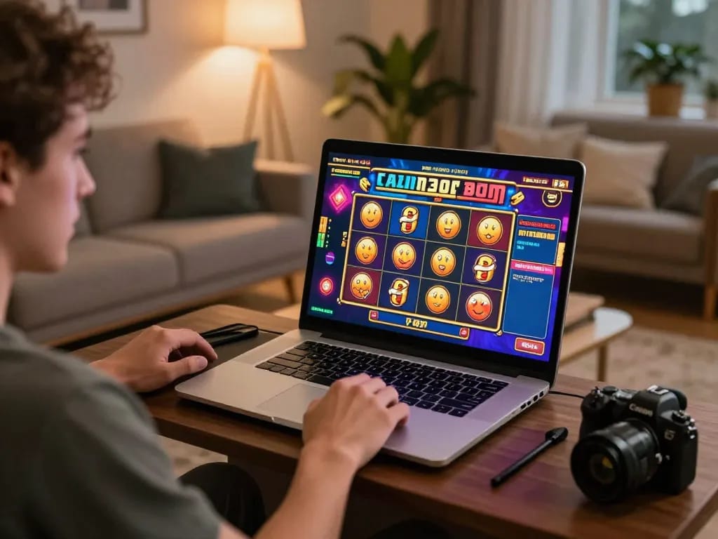 Player engaging with slot games on laptop at 789Club online casino in a cozy living room environment.