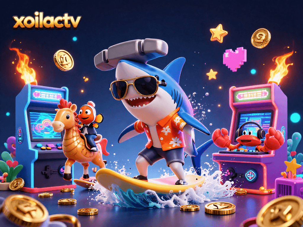 Experience the thrill with xoilactv as the shark surfs gold coins alongside colorful gaming elements.