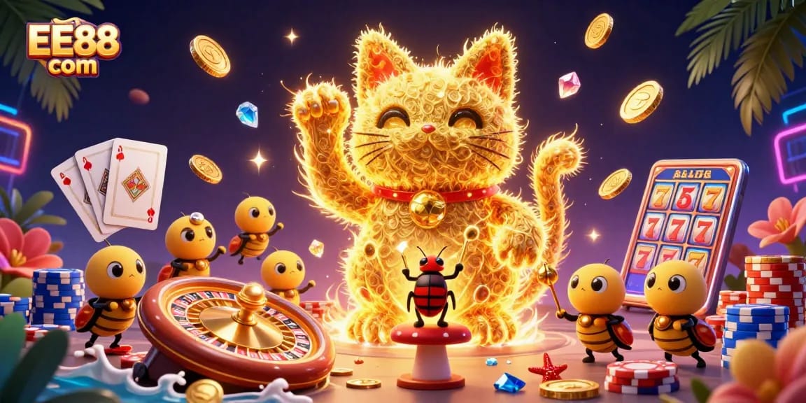 Engage with the festive energy of EE88 com, showcasing a lucky cat and glittering casino symbols in a vibrant digital scene.