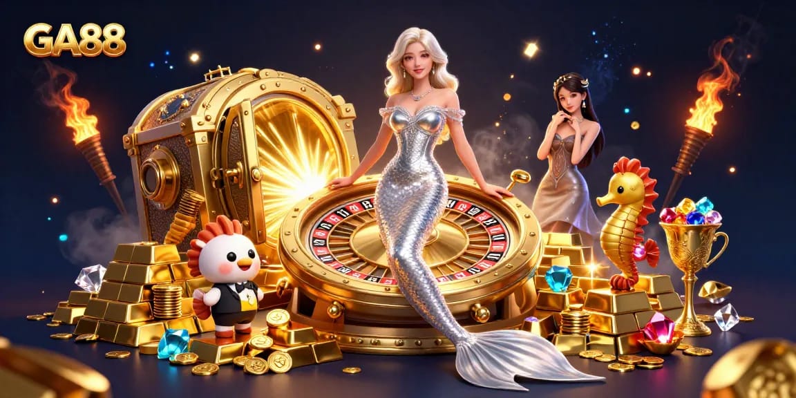 Experience dynamic gaming with GA88, featuring luxury elements like a golden roulette wheel and sparkling gems.