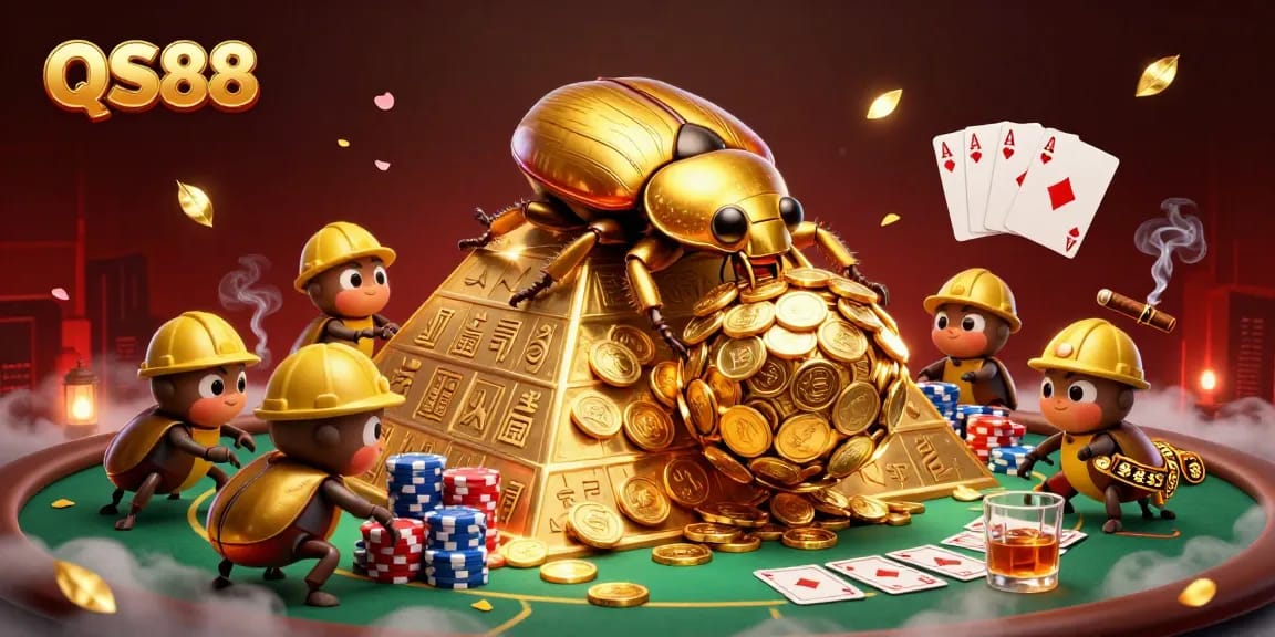 Experience QS88's vibrant casino world with a golden beetle team rolling coins and poker elements.