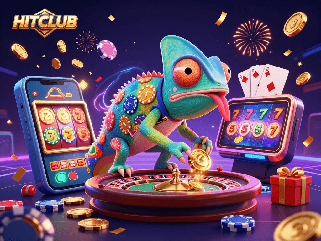 Experience exciting games at HITCLUB with our vibrant casino chameleon, spinning reels, and gaming action!