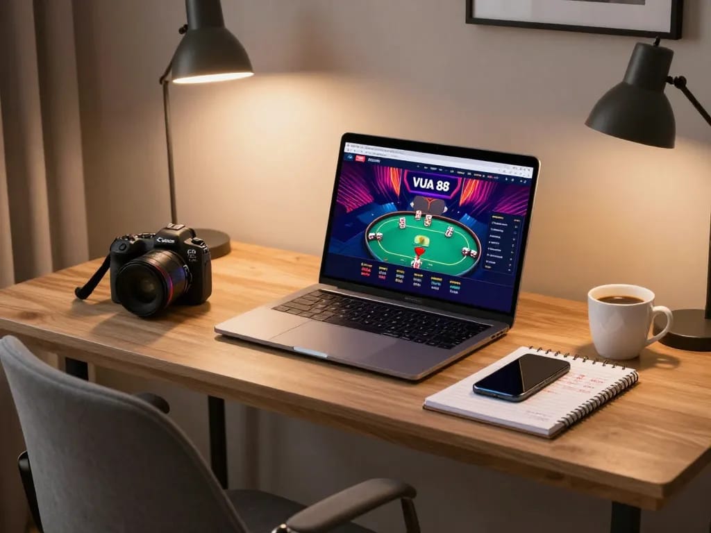 Person enjoying VUA 88 online casino games at home with stylish setup and betting strategy notes