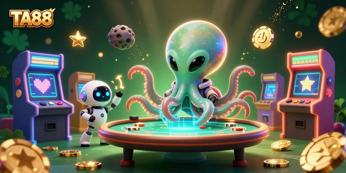 TA88 showcases a vibrant 3D alien octopus gaming at a poker table, exemplifying the thrill of digital gambling.