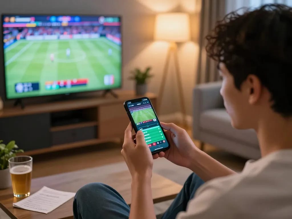 J188 mobile sports betting action with user engaged in vibrant home setting