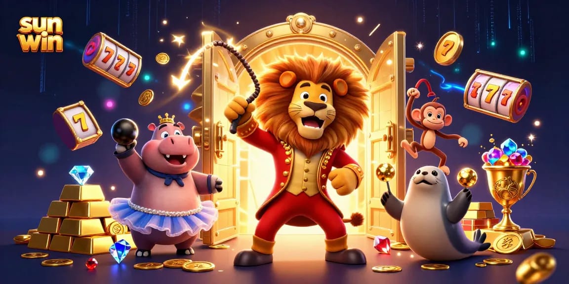 Experience thrilling gaming action with sun-win in this vibrant 3D casino scene filled with treasures.