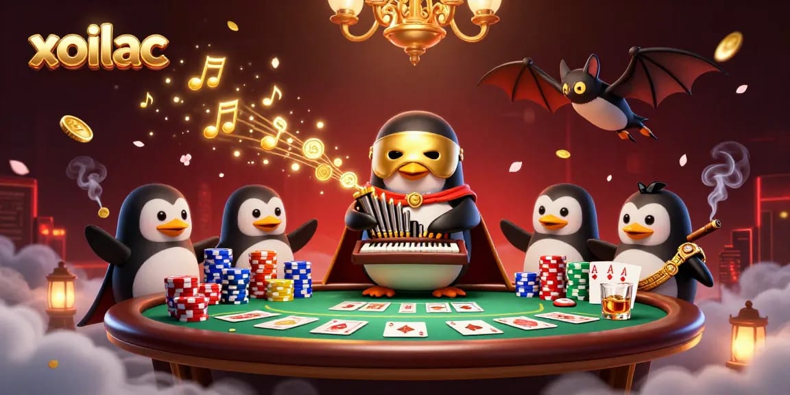 Xoilac showcases a penguin organist in a vibrant casino scene, creating golden coins.