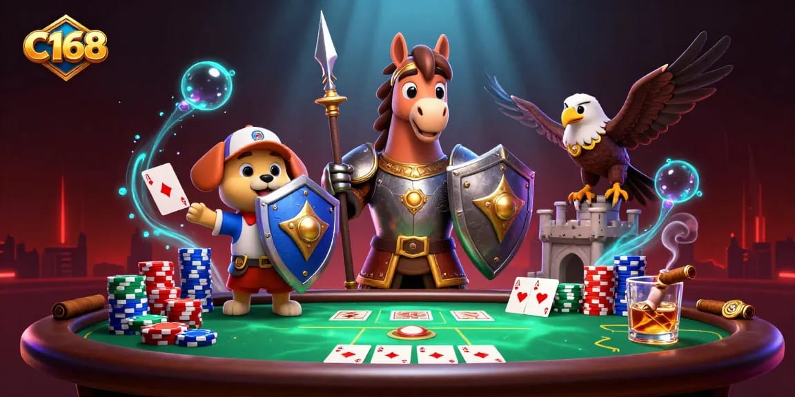 C168 offers an engaging casino experience with 3D knights, poker games, and vibrant colors.