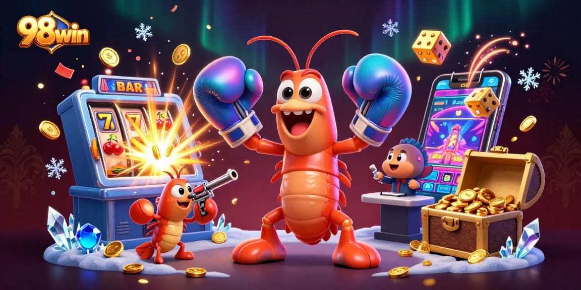 Join the thrilling gameplay at 98win as vibrant characters celebrate a jackpot explosion in an exciting casino scene.