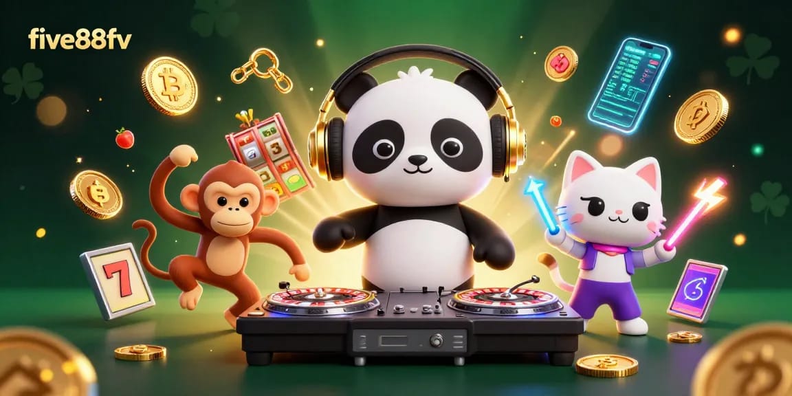 Join the fun at five88fv with a vibrant casino scene featuring DJ panda and dancing characters!