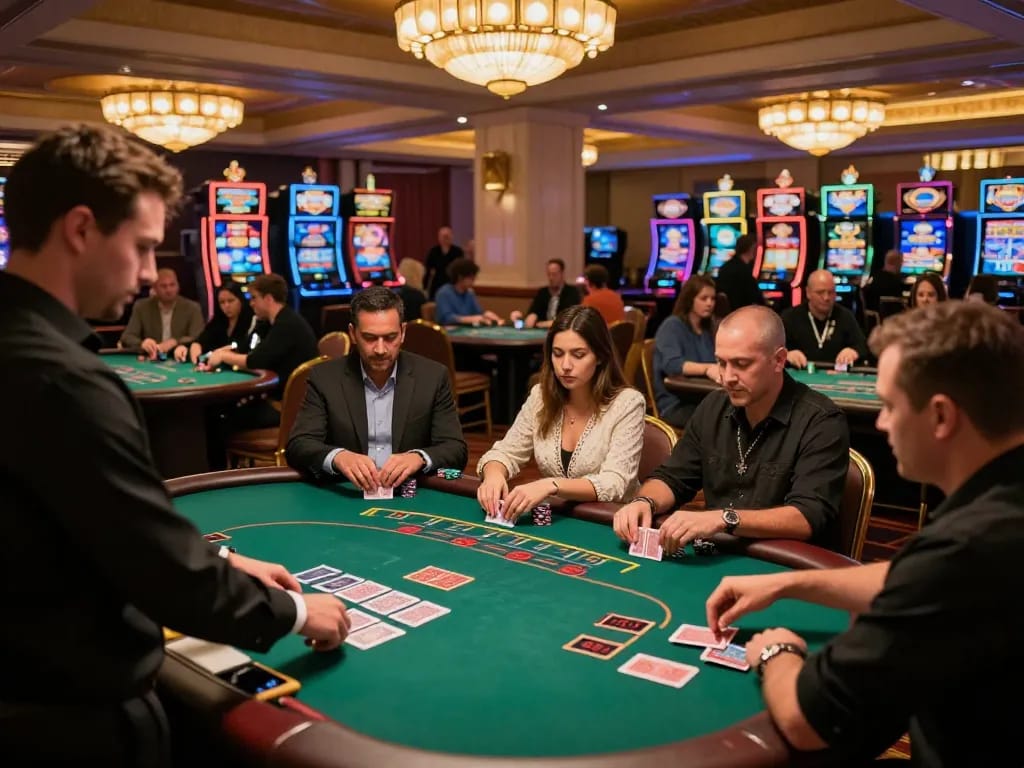 LUCKY88 gamblers enjoy a thrilling blackjack game at an upscale casino, illuminated by warm lights.