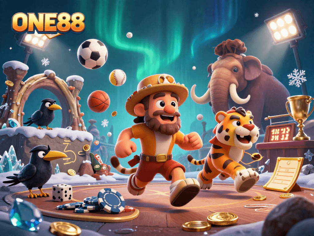 ONE88 showcases a vibrant 3D cartoon scene of a casino with playful characters, engaging players in a thrilling gaming experience.