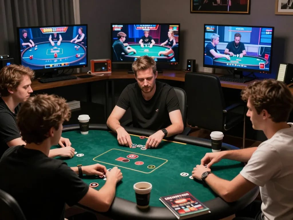 Players strategizing in a dynamic online poker game on trang chủ go8 with immersive gaming setup