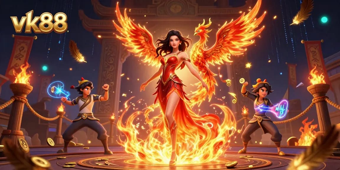 Experience thrilling gaming at vk88 with vibrant visuals, golden tokens, and magical energy.