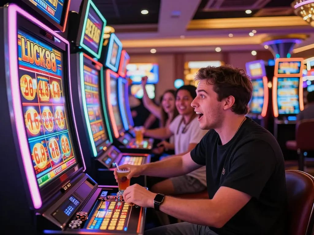 Player celebrating a big win at the Lucky88 slot machine in a lively casino environment.