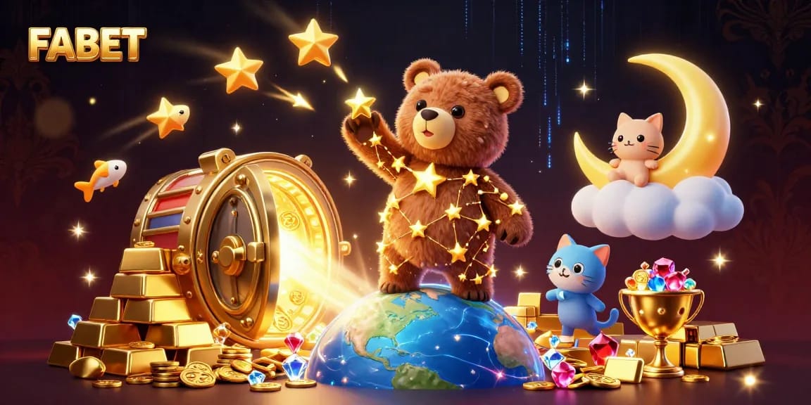 Experience the thrill of winning at FABET with a stunning 3D illustration showcasing gaming excitement and treasure.