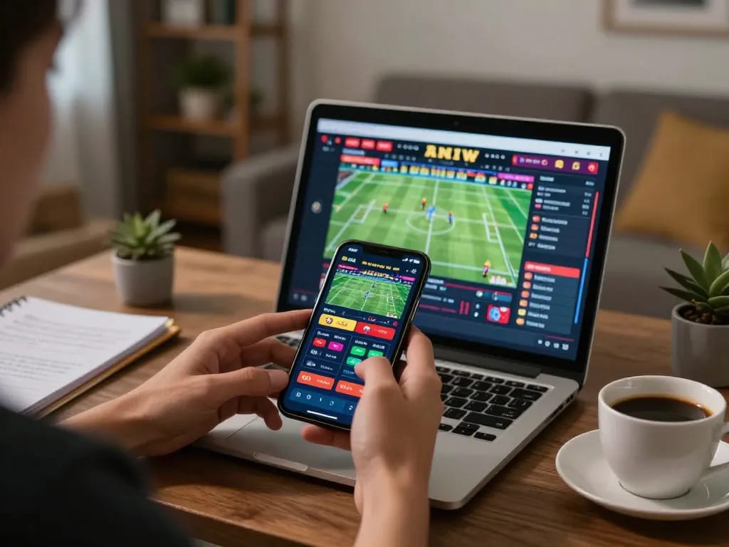 Bongdalu sports betting action on a smartphone in a cozy home setting with strategy notes and coffee
