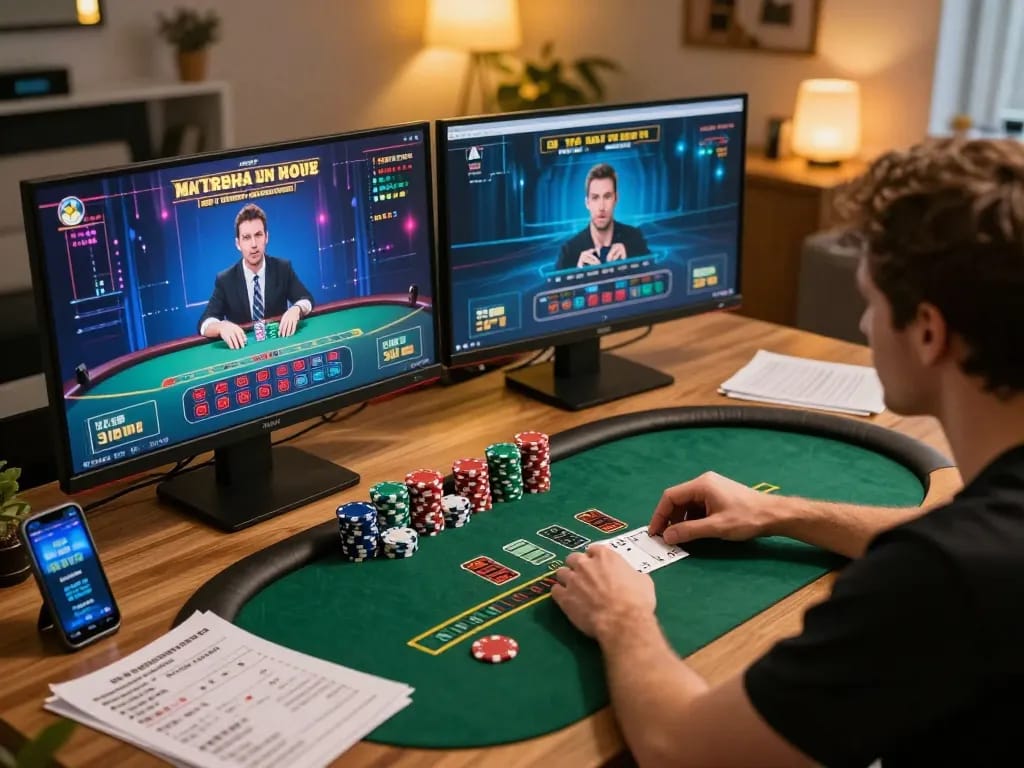 Player enjoying an intense g28 live dealer blackjack game setup at home, showcasing strategic gameplay.