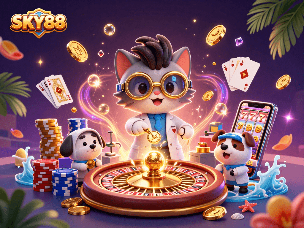 Engage with thrilling games at SKY88 featuring dynamic casino action in a vibrant 3D scene.