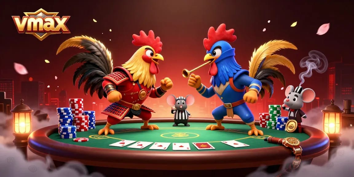 Experience vmax gameplay as fighting roosters battle amid vibrant poker elements and dynamic casino atmosphere.