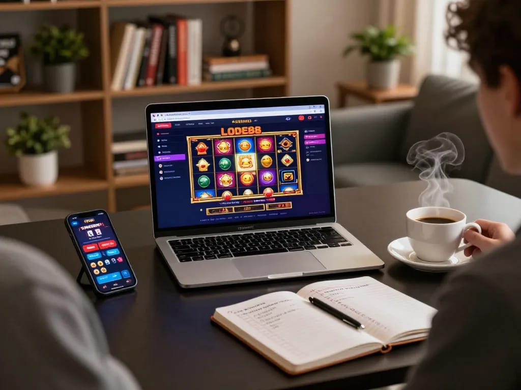 Engaging online gaming session showcasing LODE88 slot interface with strategic betting notes.