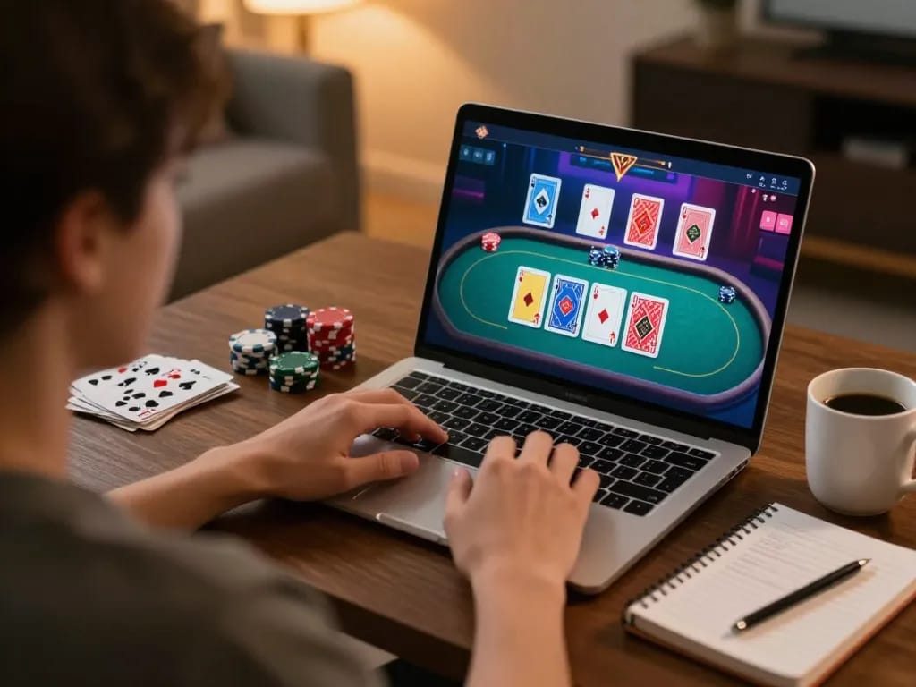 Engaging in online poker at home, say88 gaming strategies in action with laptop and betting notes