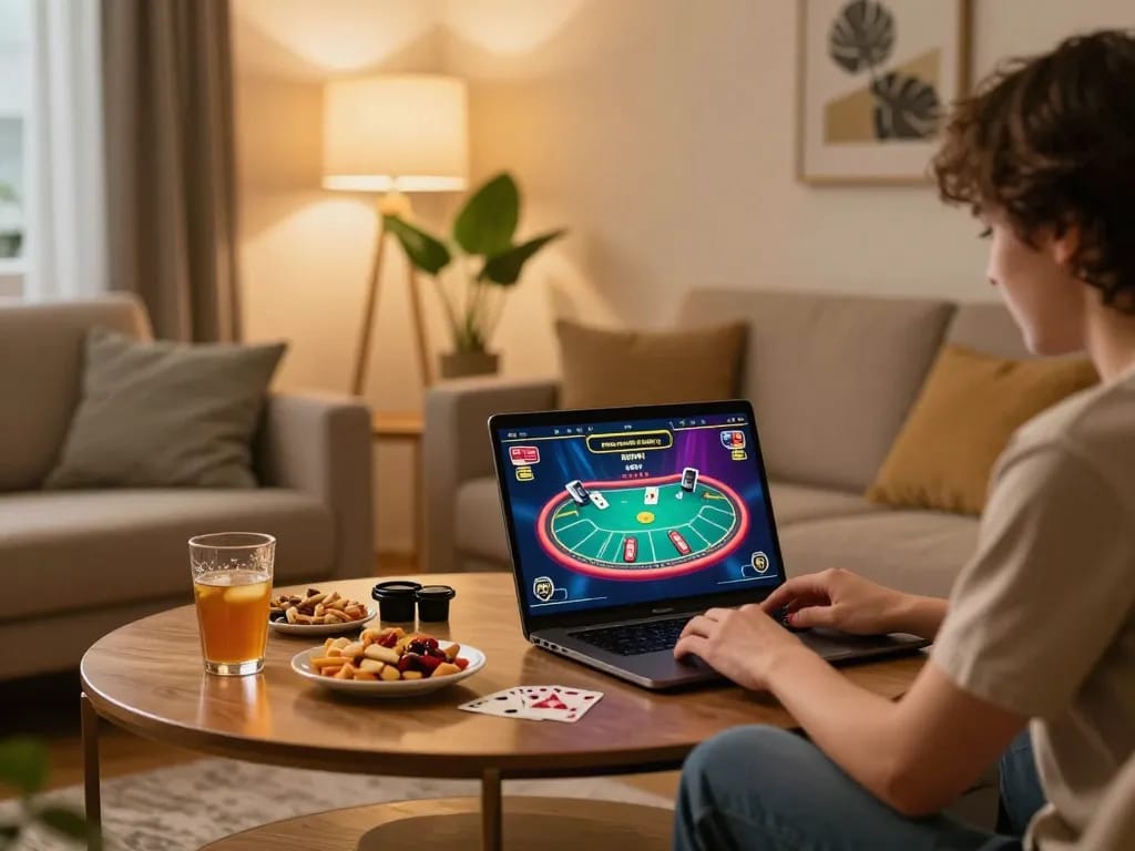 CK444 player enjoying online poker at home with cozy setup and ambient lighting.
