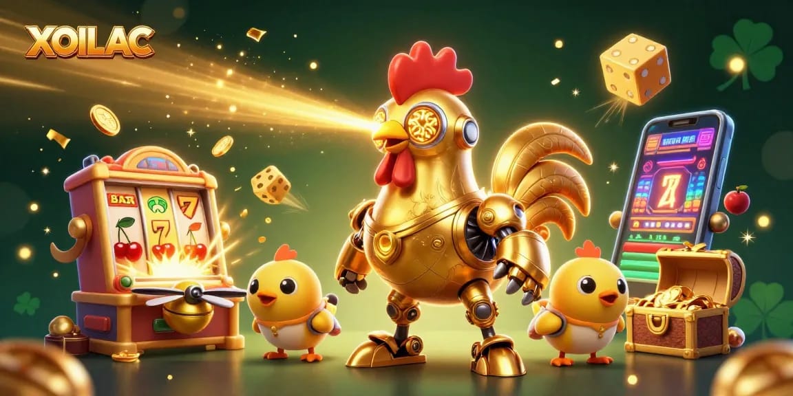 Engage with XOILAC casino action featuring dynamic golden rooster robot and baby chick drones amidst vibrant jackpots.