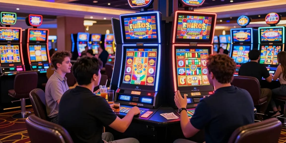 Pengalaman bermain slot yang menegangkan di kasino, dengan pemain antusias menunggu kemenangan.
