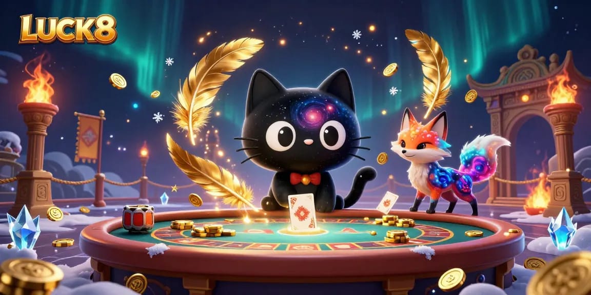 LUCK8 offers a vibrant cosmic casino experience with a black hole cat and nebula fox pulling in golden chips.