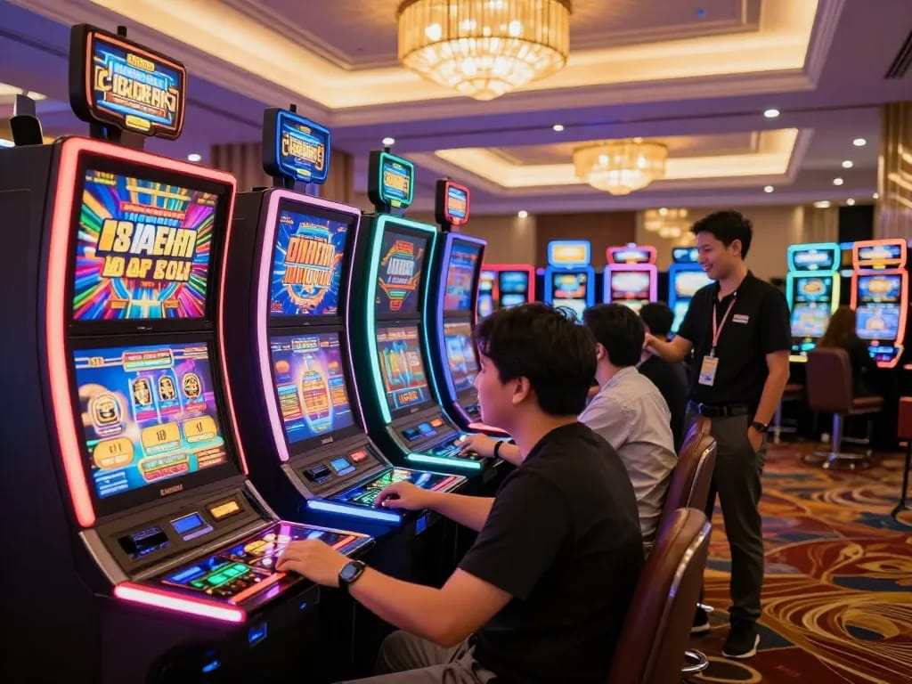 Engaged players enjoying slot gacor machines in a vibrant casino atmosphere