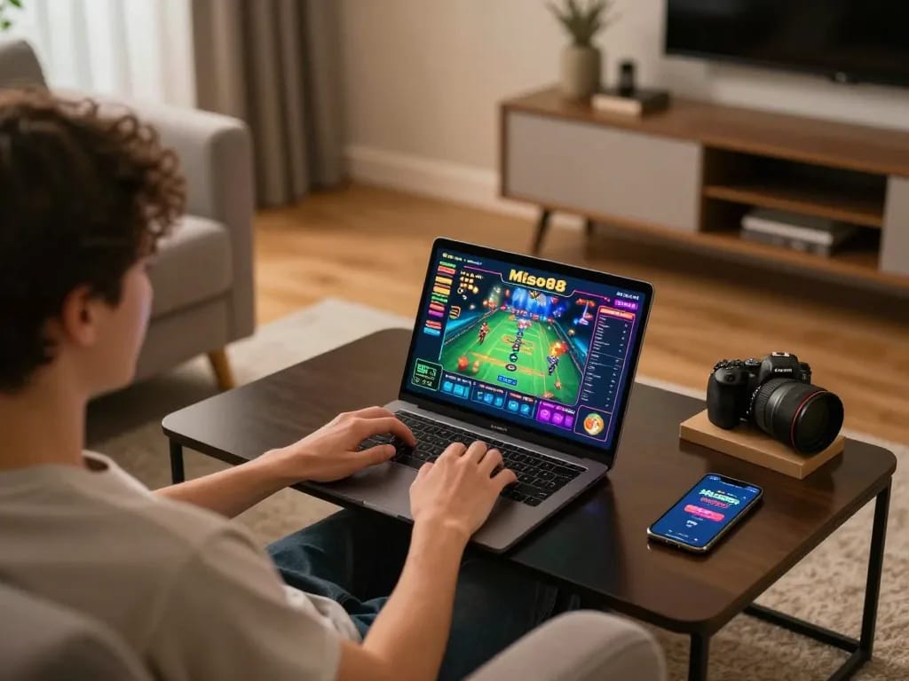 Miso88 player engaging in online casino game on laptop with vibrant screen.