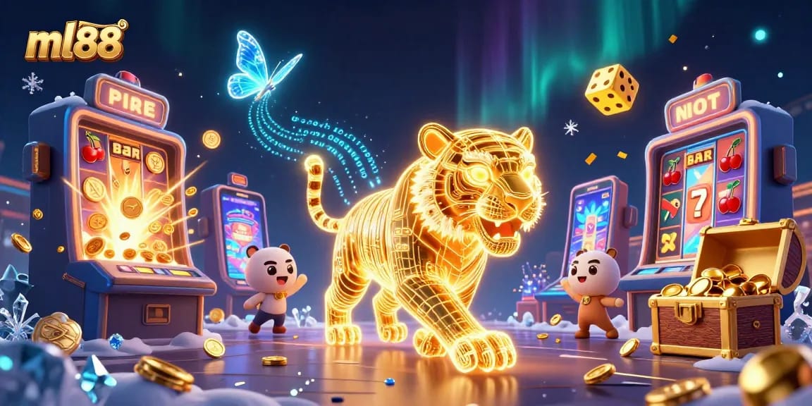 Experience the thrill of ml88 as the golden tiger navigates a vibrant casino landscape.
