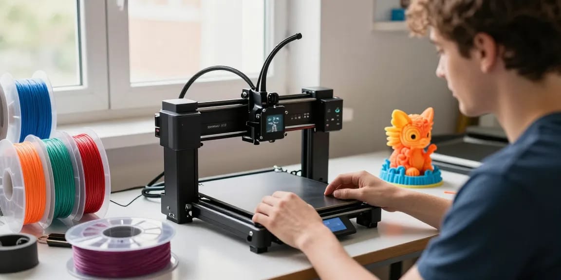 Setting up the Best beginner 3D printer SPARKX i7 with colorful filaments and 3D models in a bright workshop.