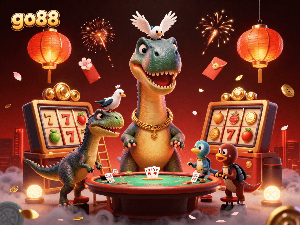 Engage with go88's vibrant casino scene featuring playful dinosaurs amidst dynamic slot and poker elements.