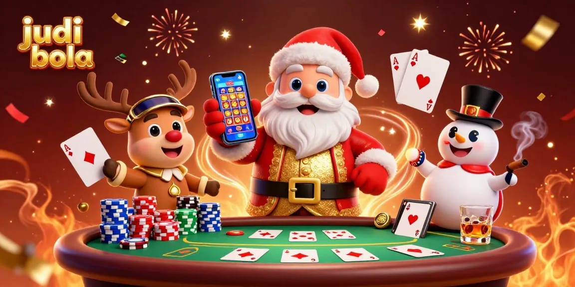 Engaging scene of judi bola themed characters celebrating with vibrant casino elements and festive confetti.