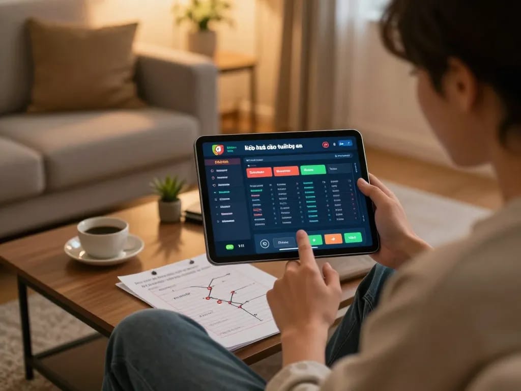 A person engaged in online kèo nhà cái trực tiếp betting on a tablet, with strategy notes on the coffee table.