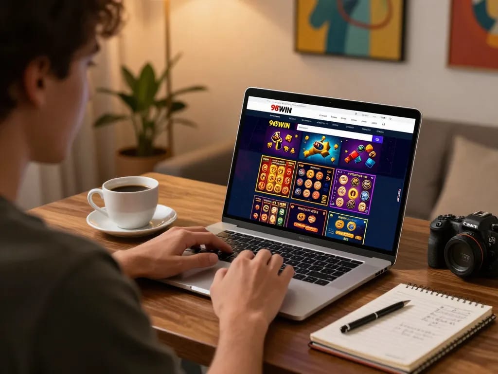 Engaging with 98WIN online gaming platform in a cozy setting, highlighting responsible gambling.