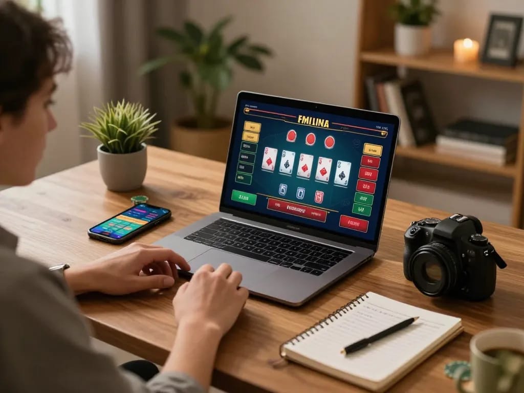 Person enjoying a live dealer casino game on laptop, showcasing nhà cái Jun88's engaging online gambling experience.
