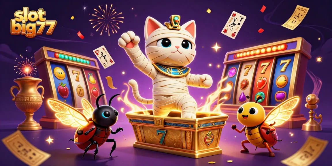 Experience excitement at slot big777 with a vibrant 3D illustration of a mummy cat and casino elements.