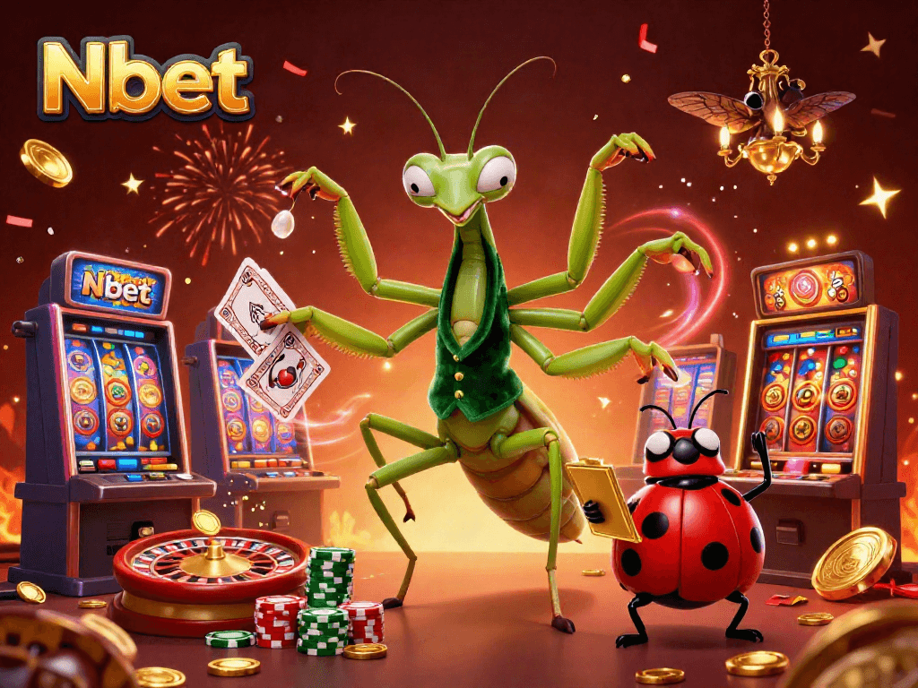 Nbet showcases a vibrant 3D casino illustration with characters engaging in lively gambling activities.