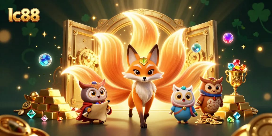 Engage with the colorful world of lc88, featuring a mystical fox spirit and treasure elements showcasing the excitement of online gambling.