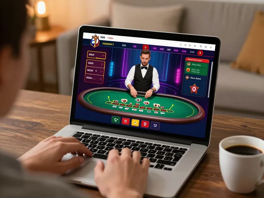 Engaging live dealer blackjack game on a laptop, featuring nhà cái 33win for strategic online gambling.