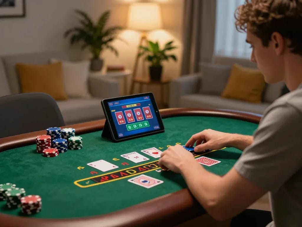 Player engaging with RR99 online casino blackjack game on tablet in a cozy home setting.
